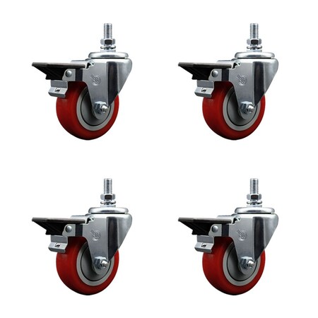 Service Caster 35 Inch Red Polyurethane 10 MM Threaded Stem Caster Set with Brake SCC-TS20S3514-PPUB-RED-PLB-M1015-4